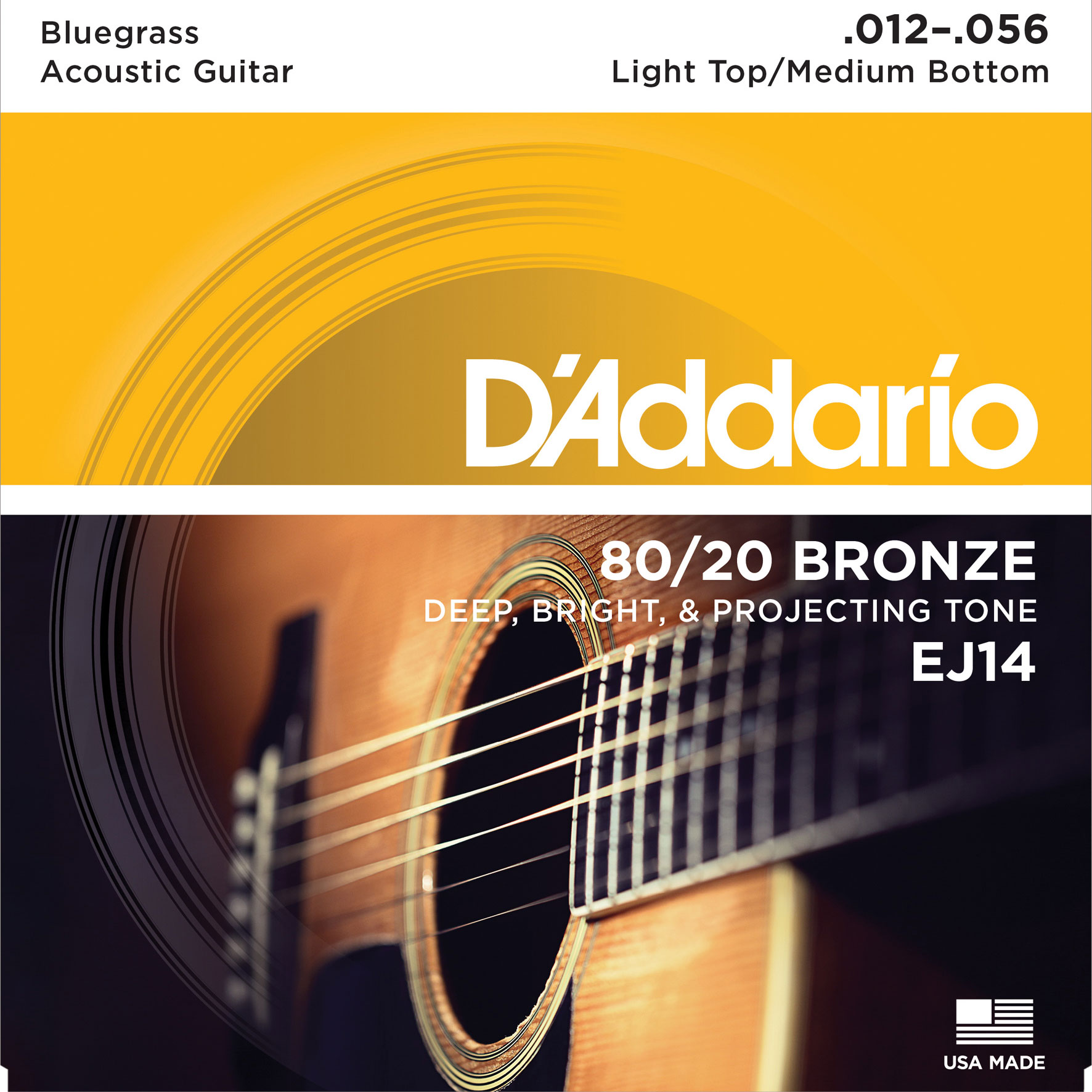 D'Addario 80/20 Bronze Wound Acoustic Guitar Strings, Light Top/ Medium Bottom (EJ14)