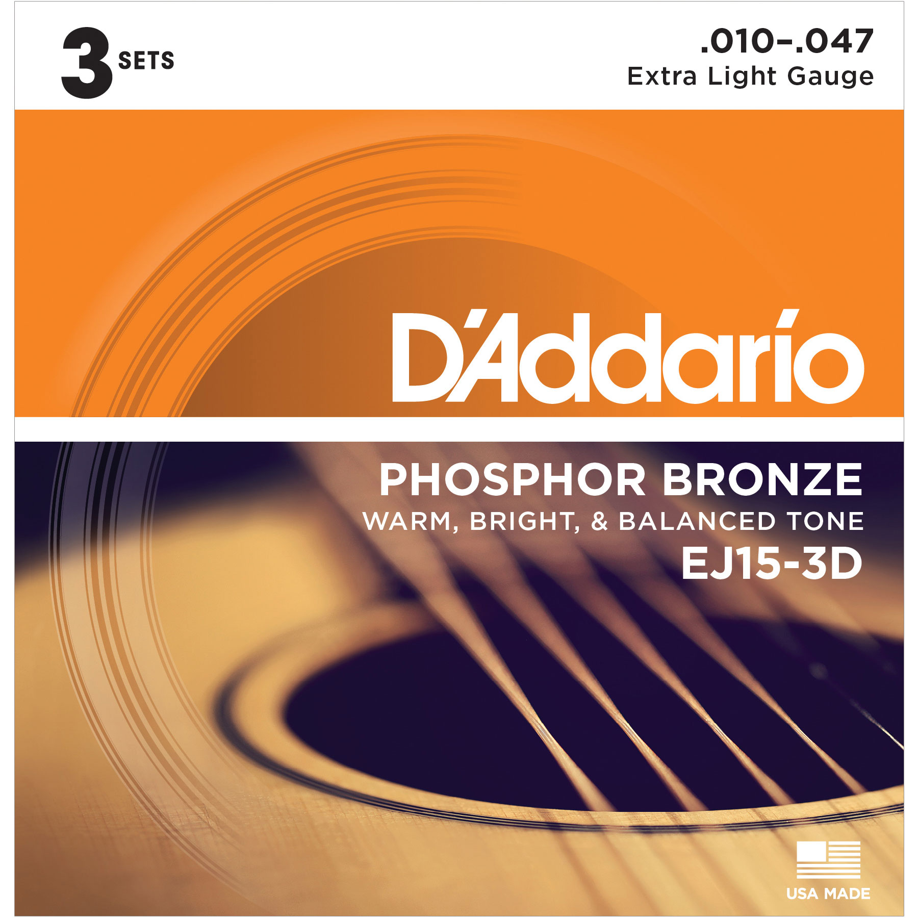 D'Addario Phosphor Bronze Wound Acoustic Guitar Strings, 3-pack, Extra Light (EJ15-3D)
