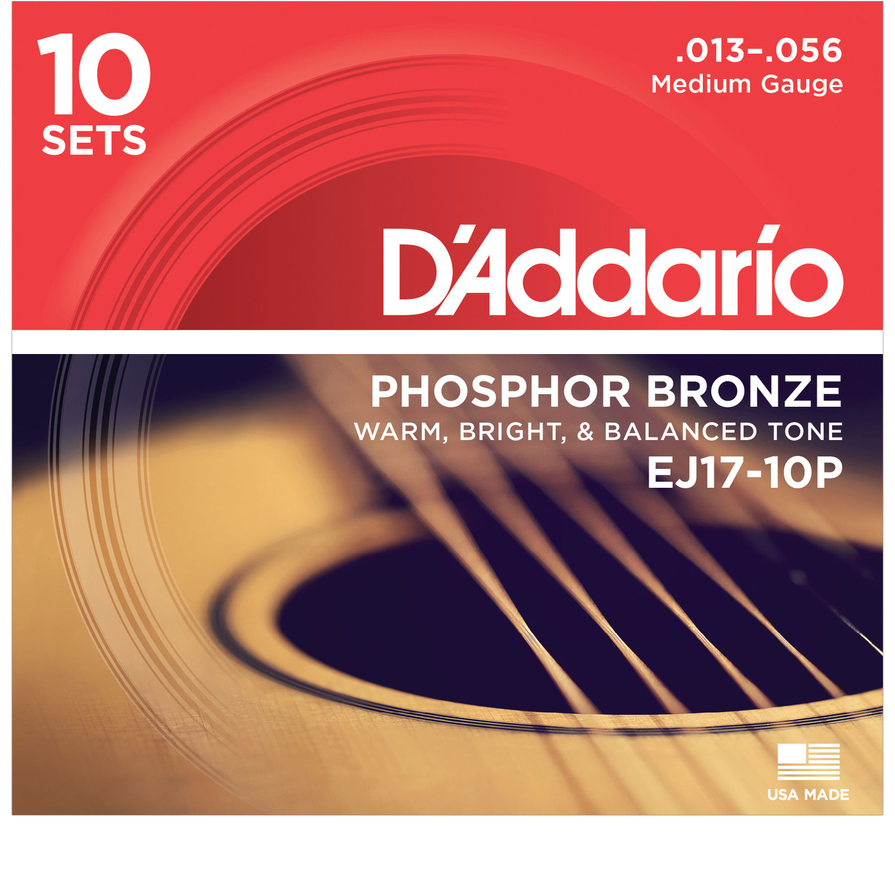 D'Addario Phosphor Bronze Wound Acoustic Guitar Strings, 10-pack, Medium (EJ17-10P)