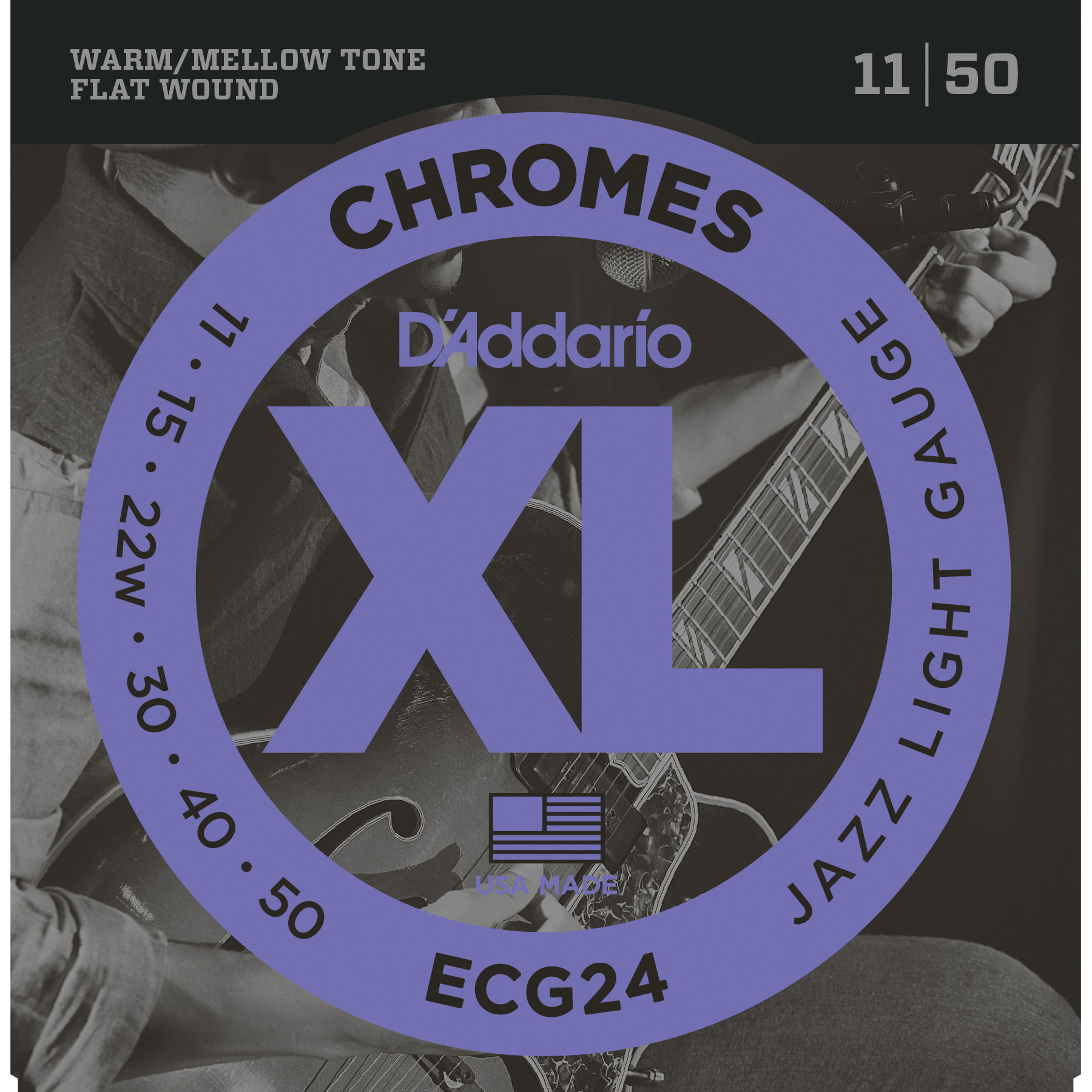 D'Addario Chromes Flat Wound Electric Guitar Strings, Jazz Light (ECG24)