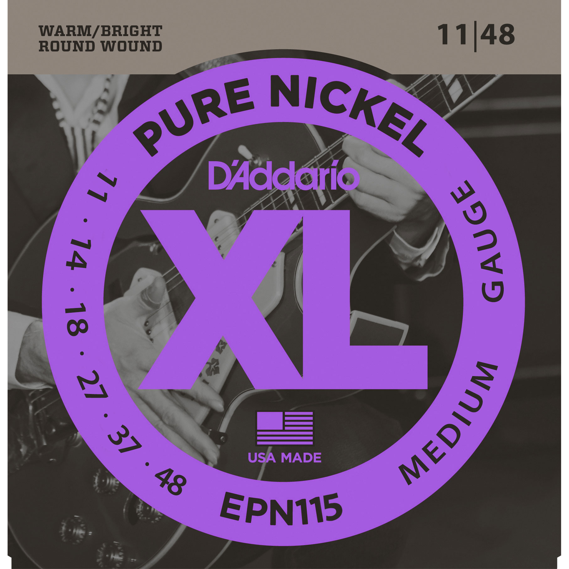 D'Addario XL Pure Nickel Electric Guitar Strings, Medium (EPN115)