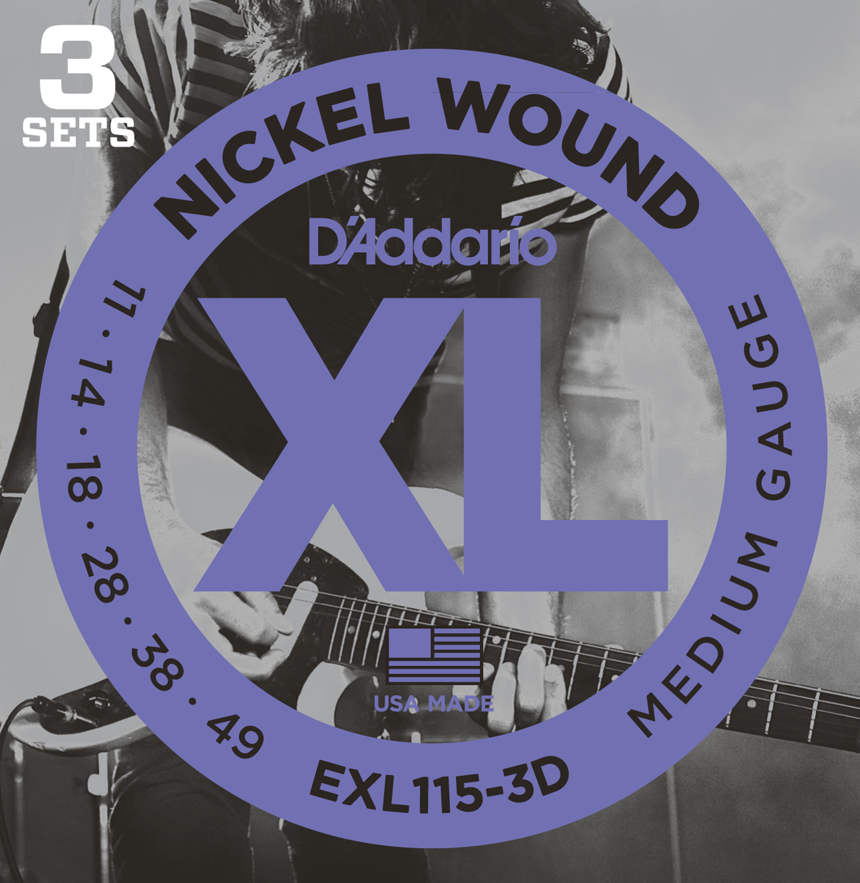 D'Addario XL Nickel Wound Electric Guitar Strings, 3-pack, Medium/Blues-Jazz Rock (EXL115-3D)