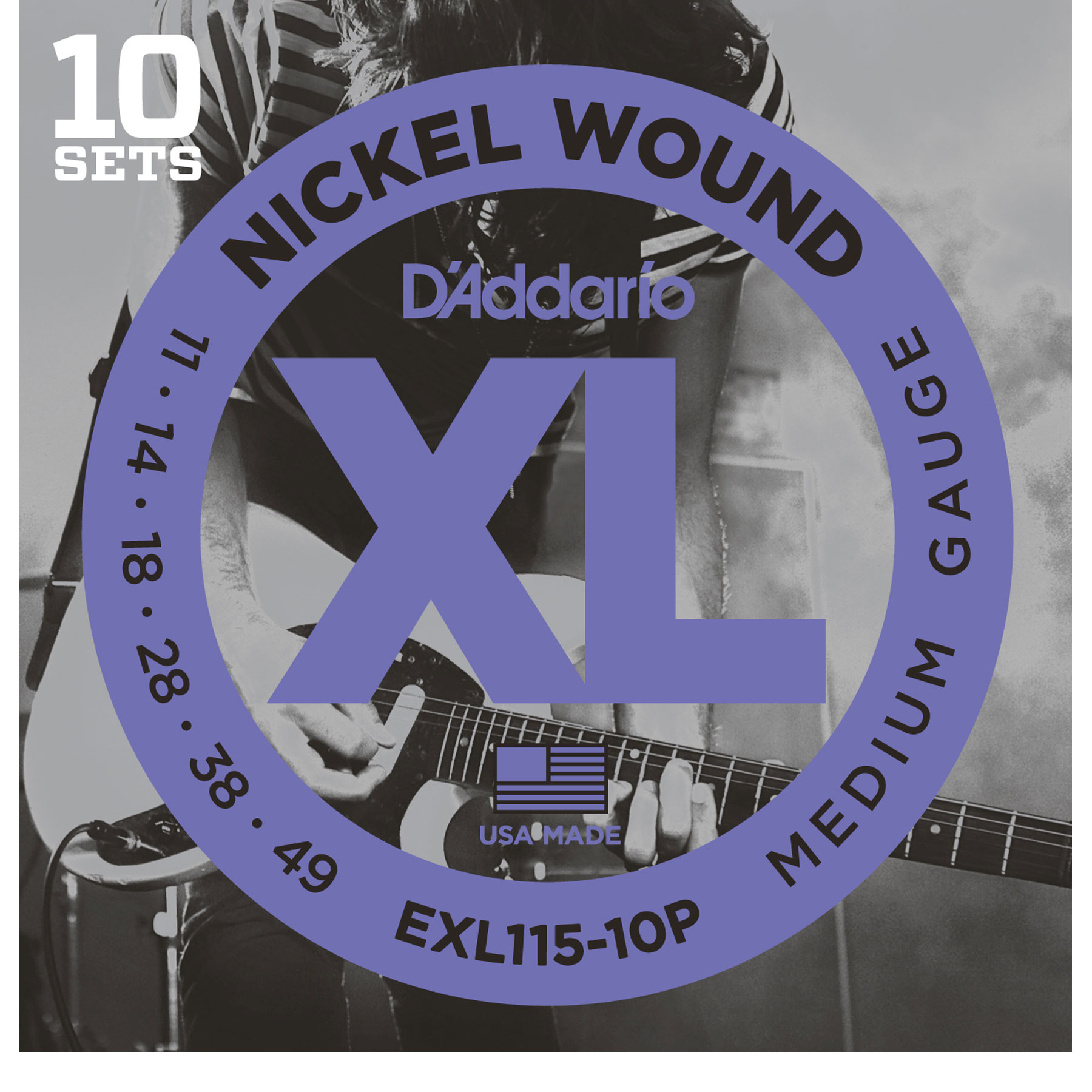 D'Addario XL Nickel Wound Electric Guitar Strings, 10-pack, Medium/Blues-Jazz Rock (EXL115-10P)