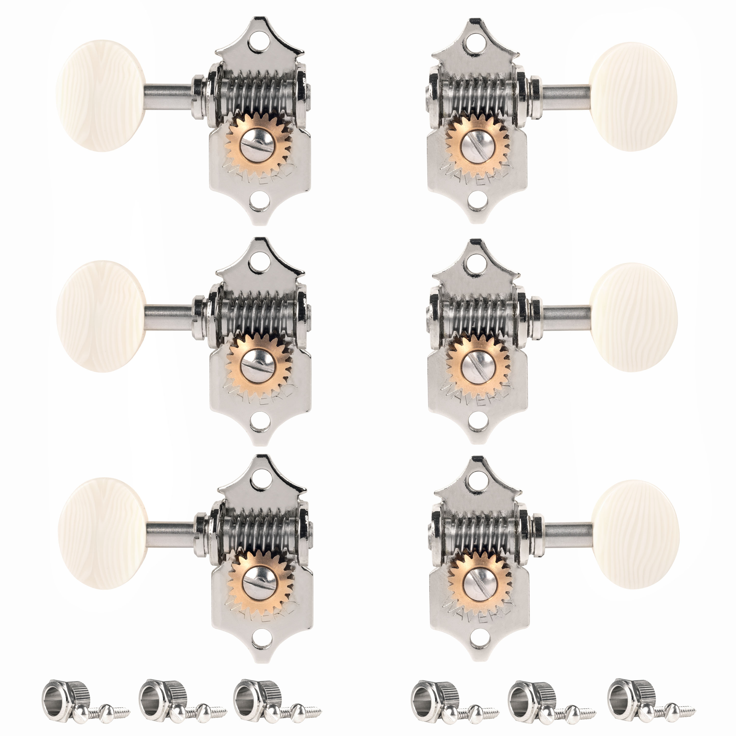 Waverly High Ratio Guitar Tuners with Ivoroid Knobs for Solid Pegheads, Nickel, 3L/3R