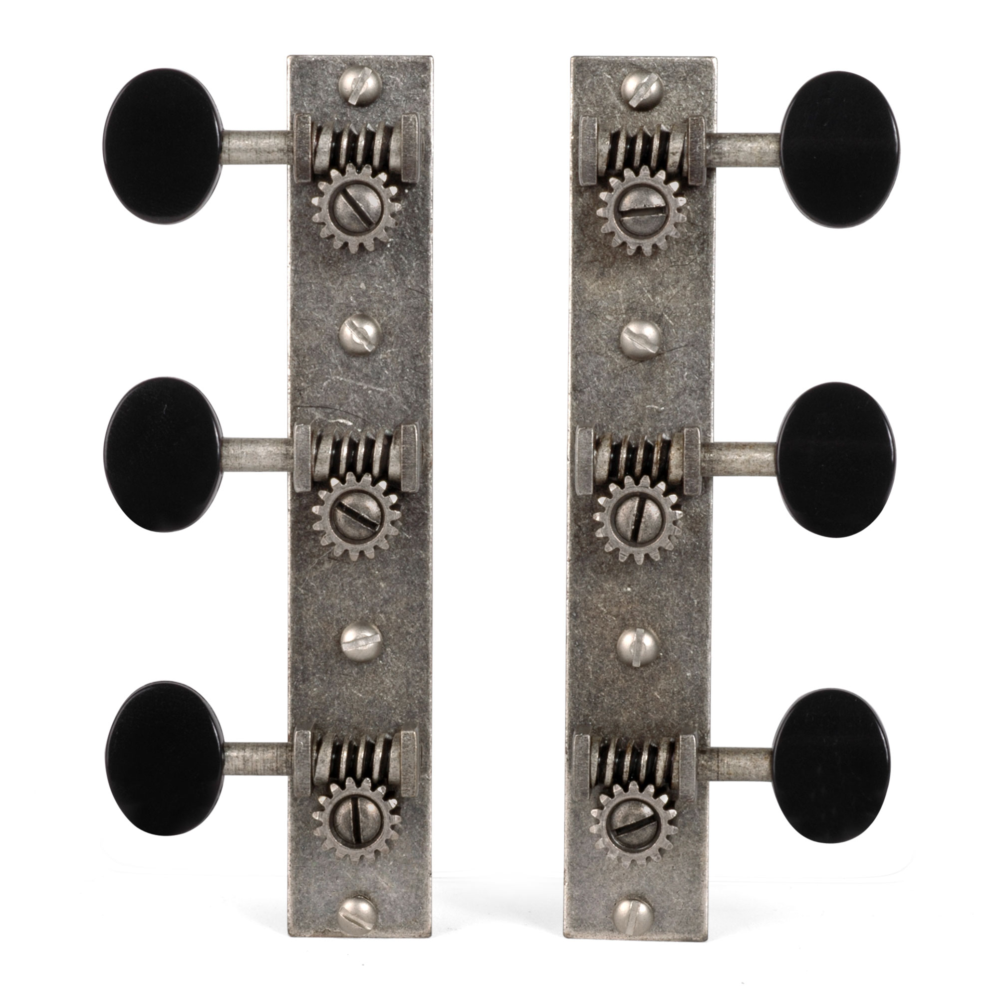 Golden Age Restoration Tuners for Solid Peghead Guitar with Square-end, Standard post: relic nickel with matte black knobs