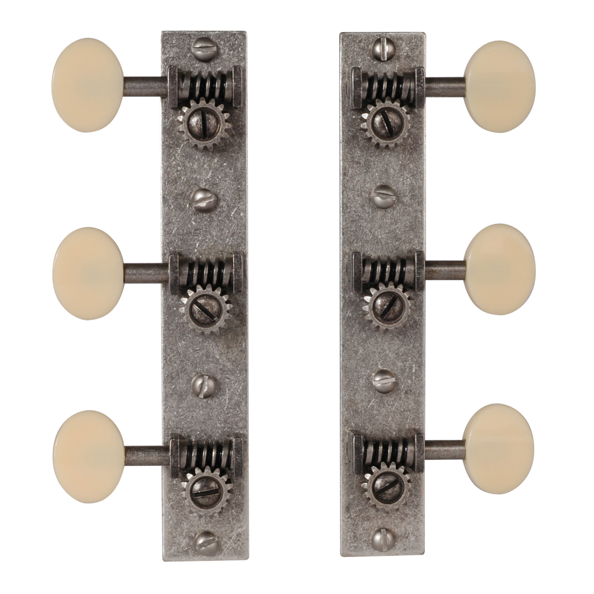 Golden Age Restoration Tuners for Solid Peghead Guitar with Square-end, Short post model: relic nickel with matte cream knobs