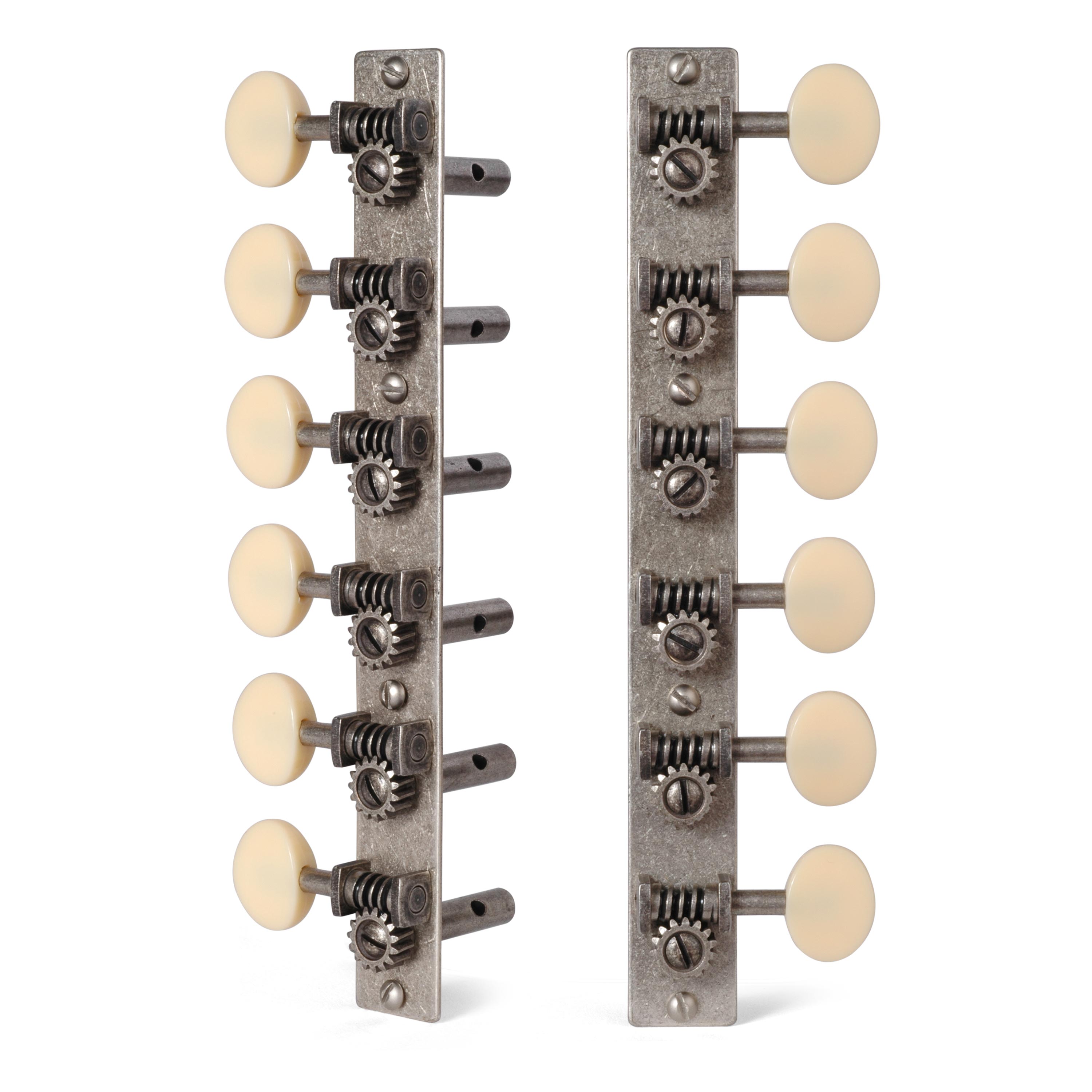 Golden Age Restoration Tuners for 12-String Slotted Peghead Guitar, Relic nickel with cream knobs