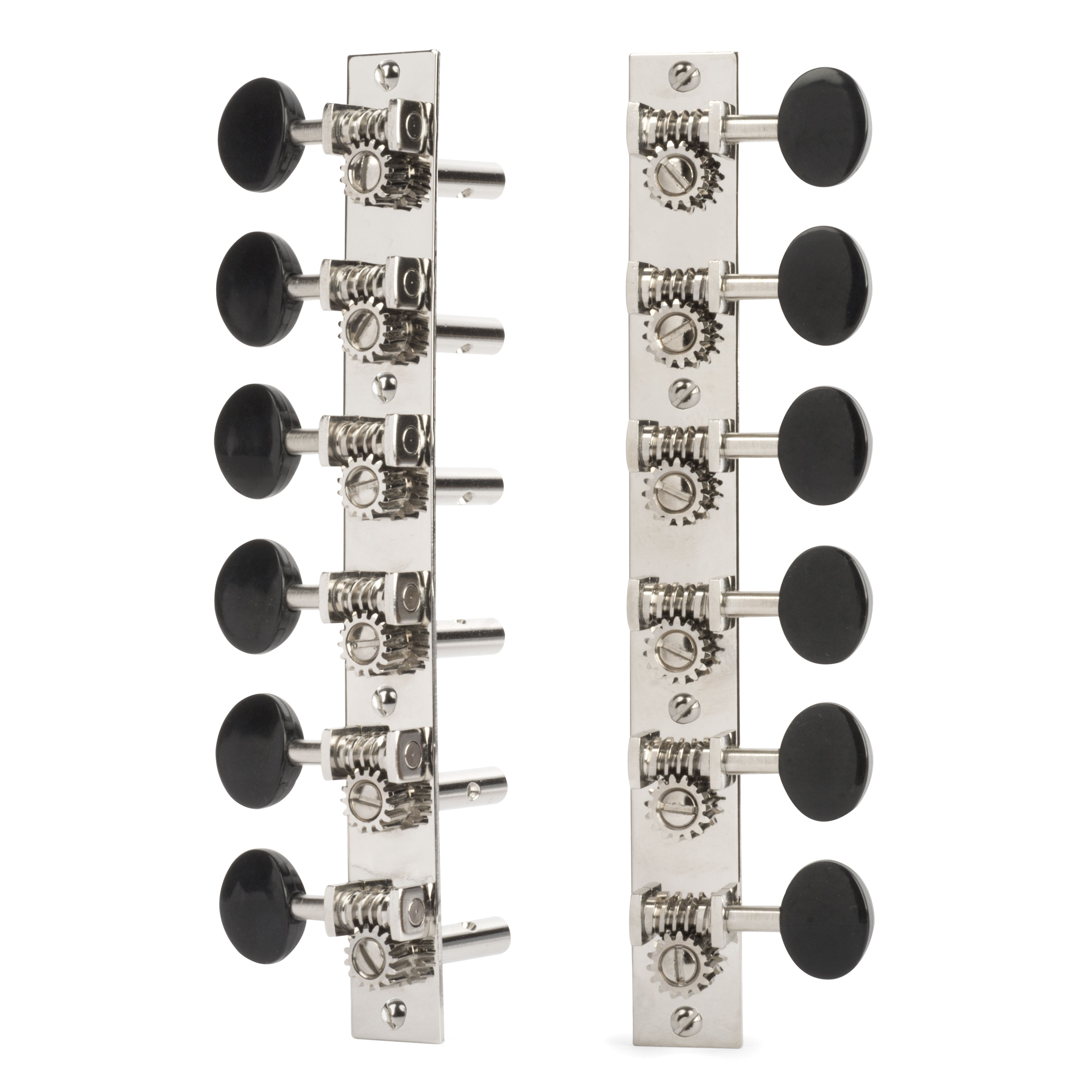 Golden Age Restoration Tuners for 12-String Slotted Peghead Guitar, Bright nickel with black knobs
