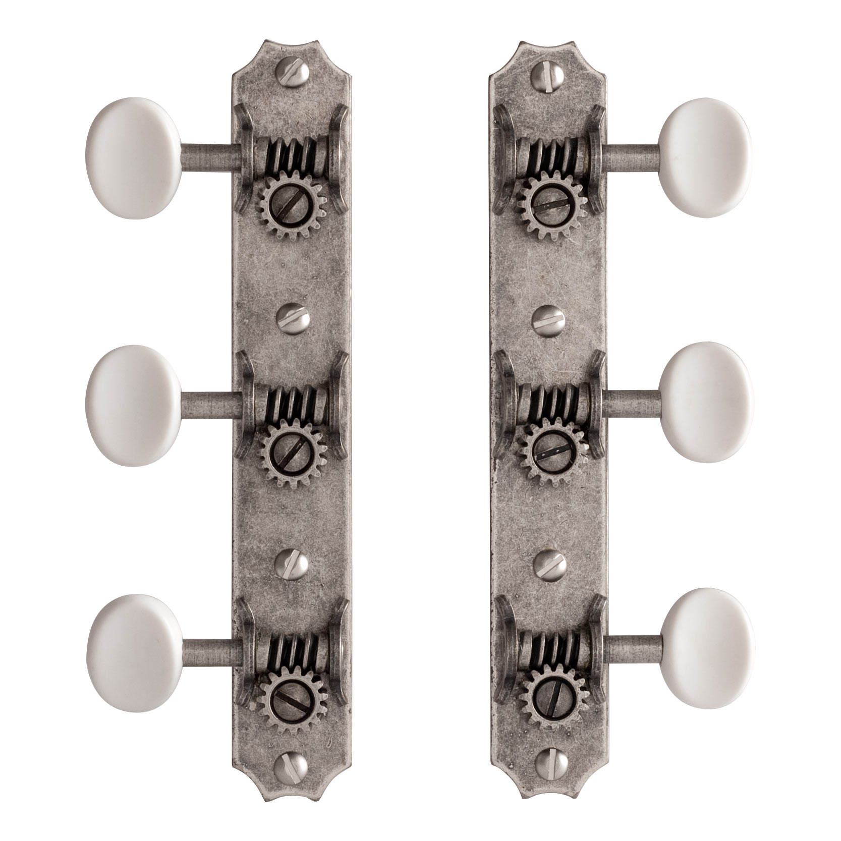 Golden Age Restoration Tuners for Solid Peghead Guitar with Scallop-end, Relic Nickel, White Knobs