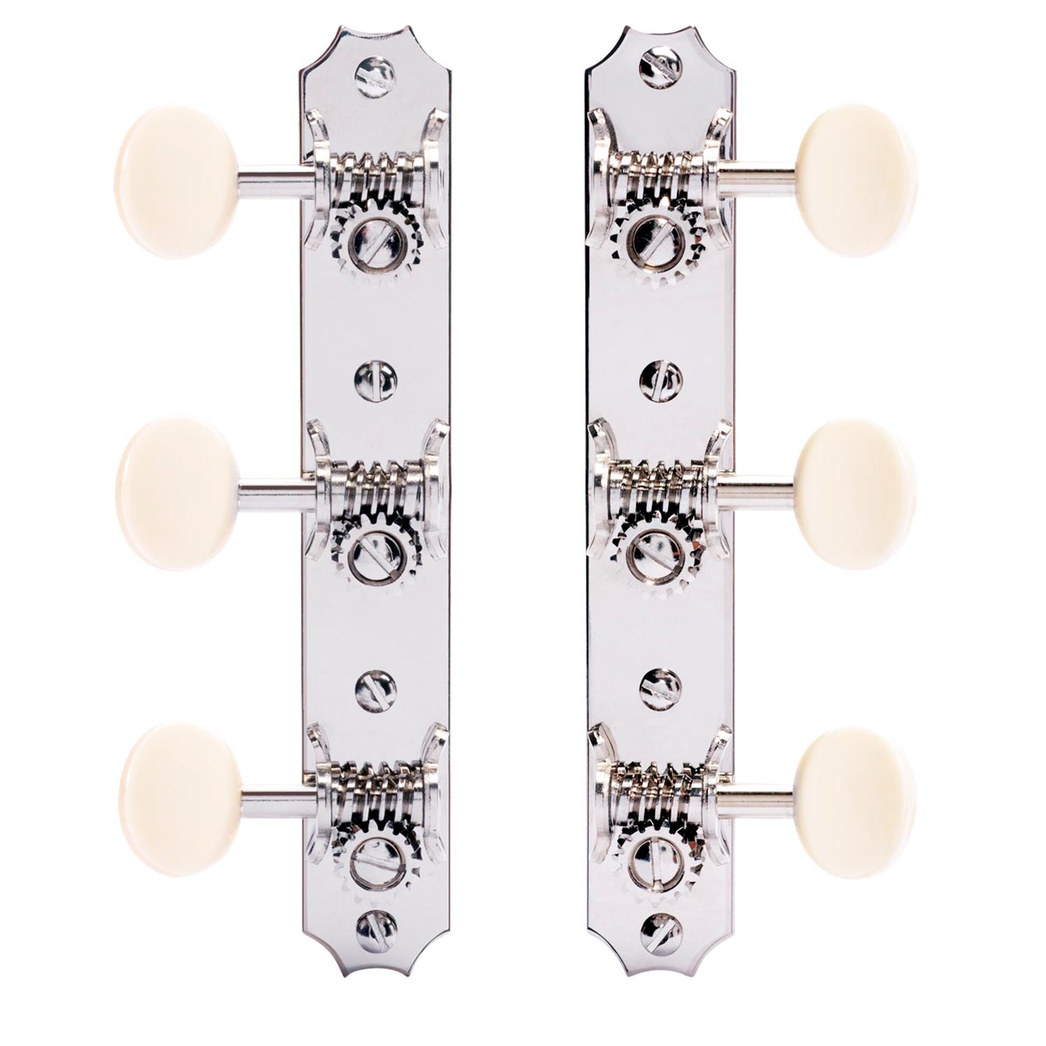 Golden Age Restoration Tuners for Solid Peghead Guitar with Scallop-end, Bright nickel, cream knobs