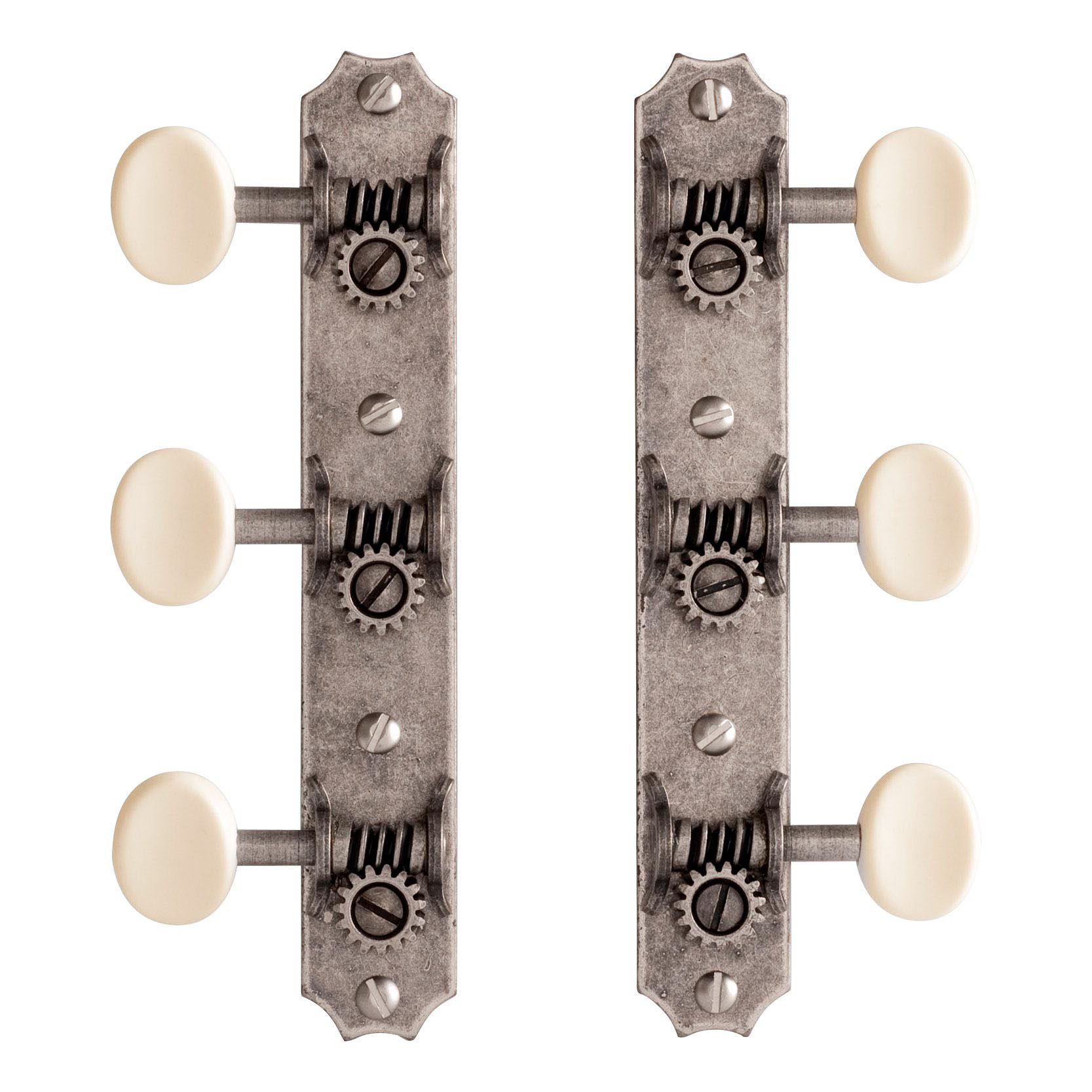 Golden Age Restoration Tuners for Slotted Peghead Guitar - Scallop-end, Relic nickel, cream knobs