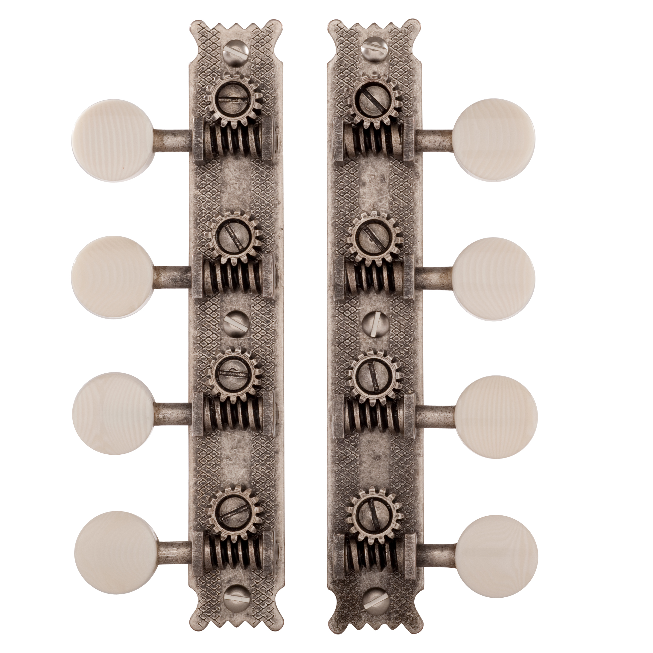 Golden Age Restoration Tuners for A-style Mandolin, Relic nickel, ivoroid knobs