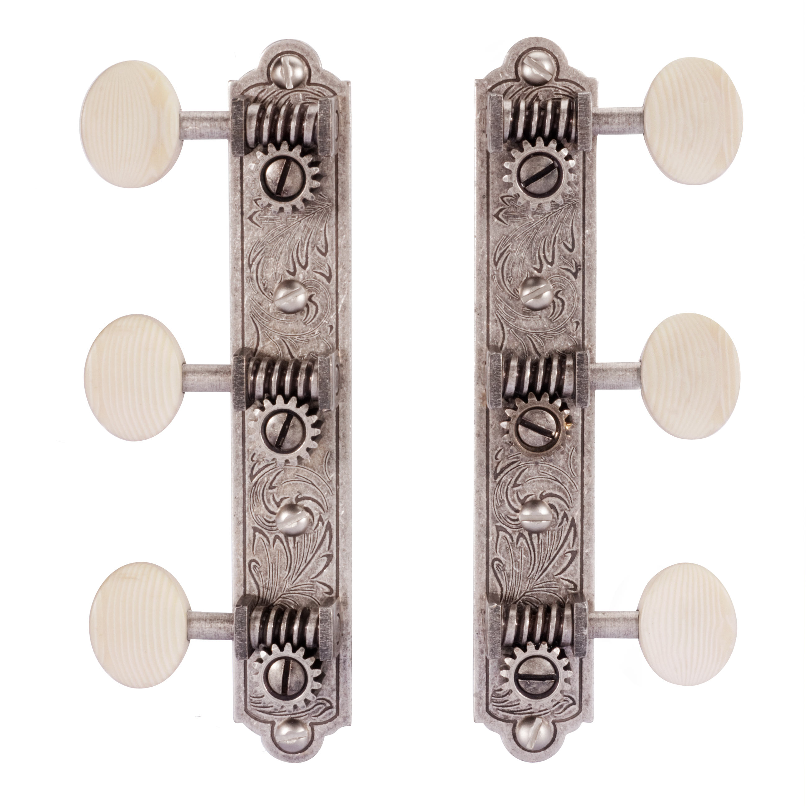 Golden Age Restoration Tuners for Solid Peghead Guitar with Engraved Bell-end, Relic nickel, ivoroid knob