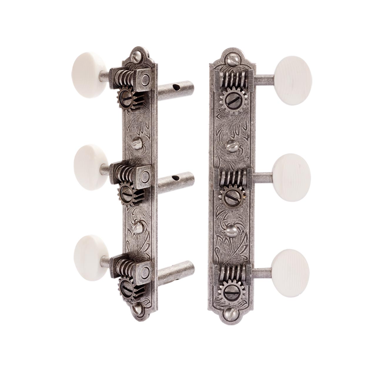 Golden Age Restoration Tuners for Slotted Peghead Guitar - Engraved Bell-end, Relic nickel