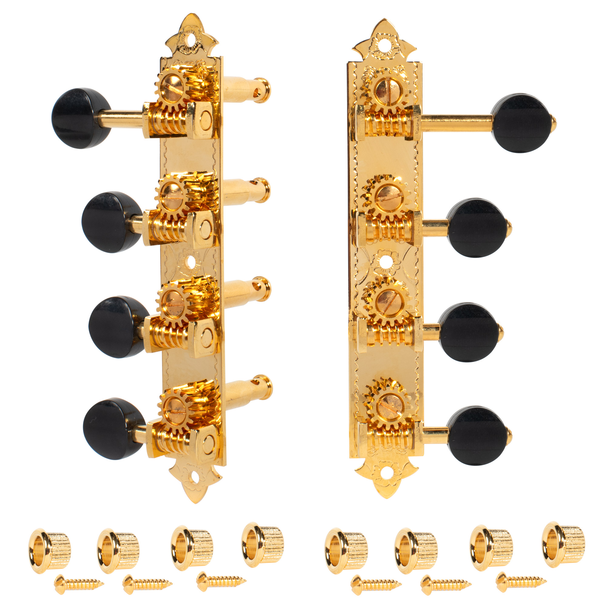 Golden Age F-style Mandolin Tuners, Gold with black knobs