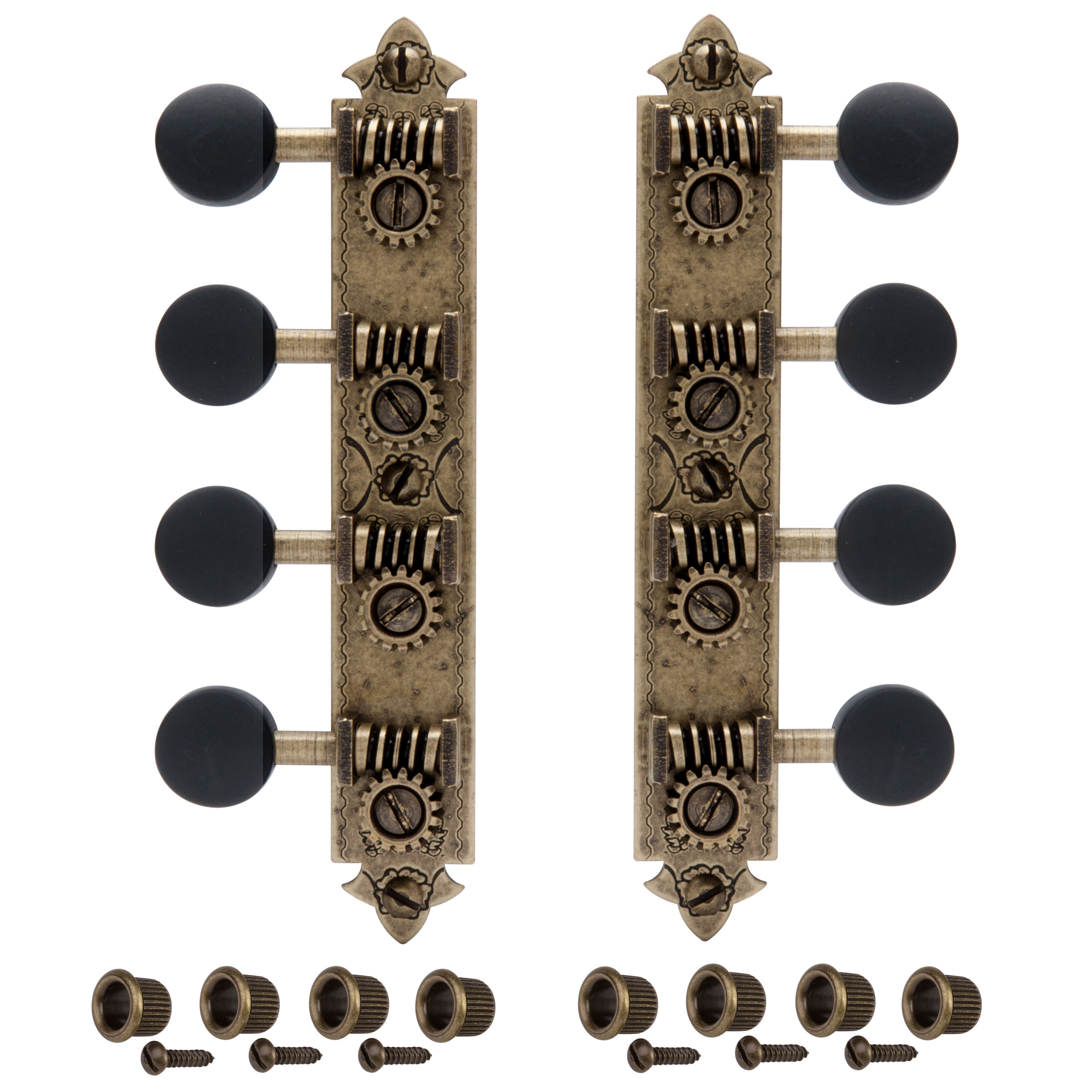 Golden Age A-style Mandolin Tuners, Relic brass with black knobs