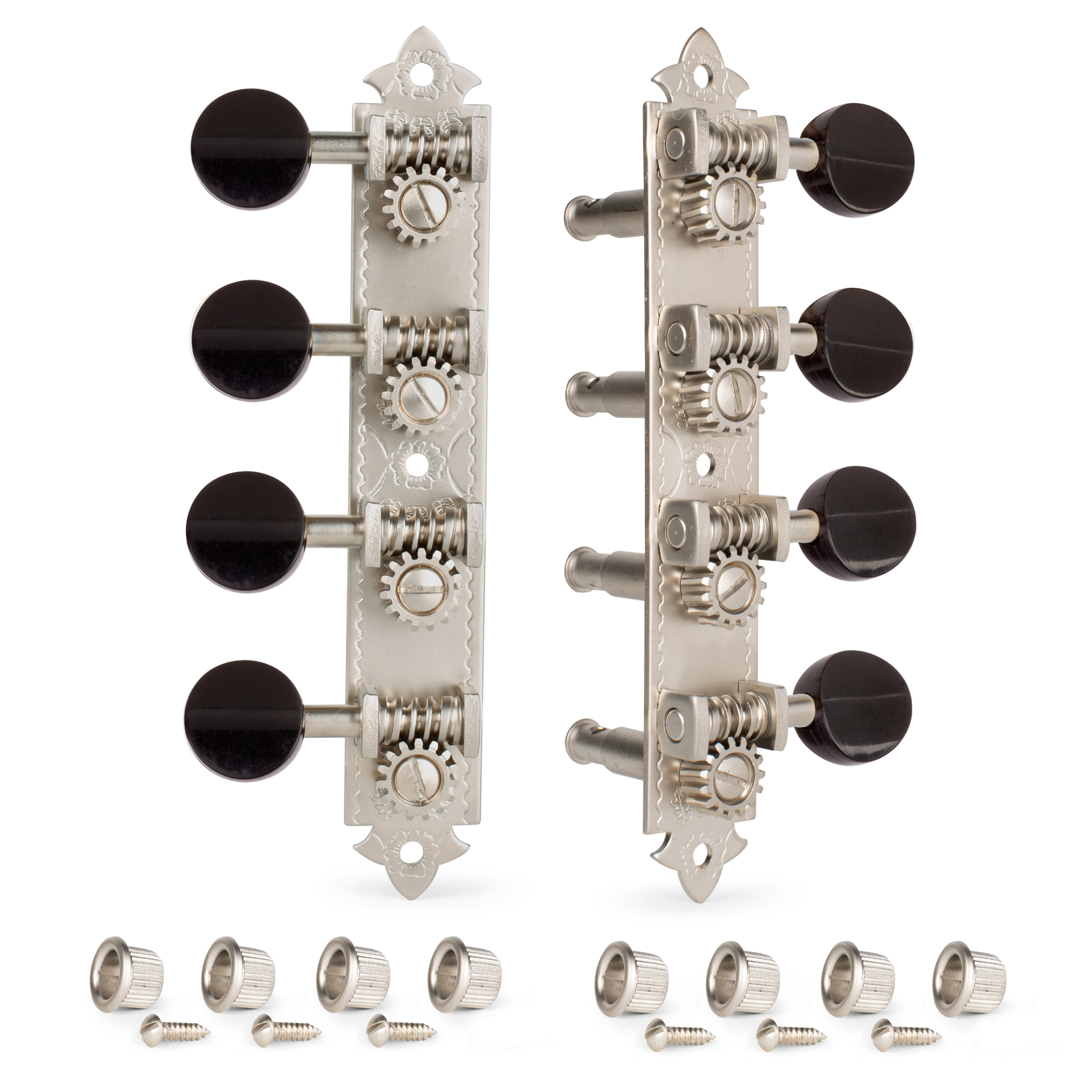 Golden Age A-style Mandolin Tuners, Satin nickel with black knobs