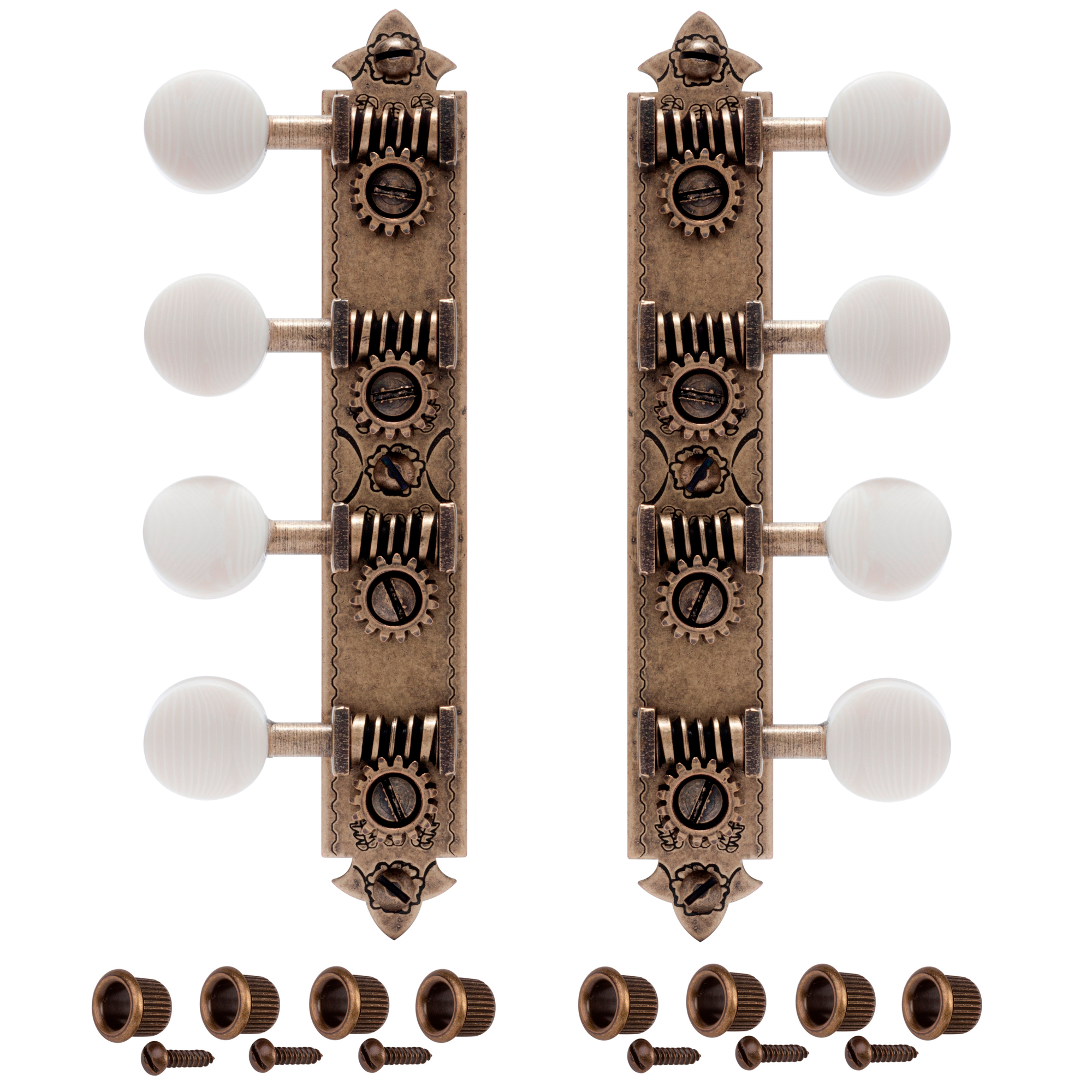 Golden Age A-style Mandolin Tuners, Relic brass with ivoroid knobs