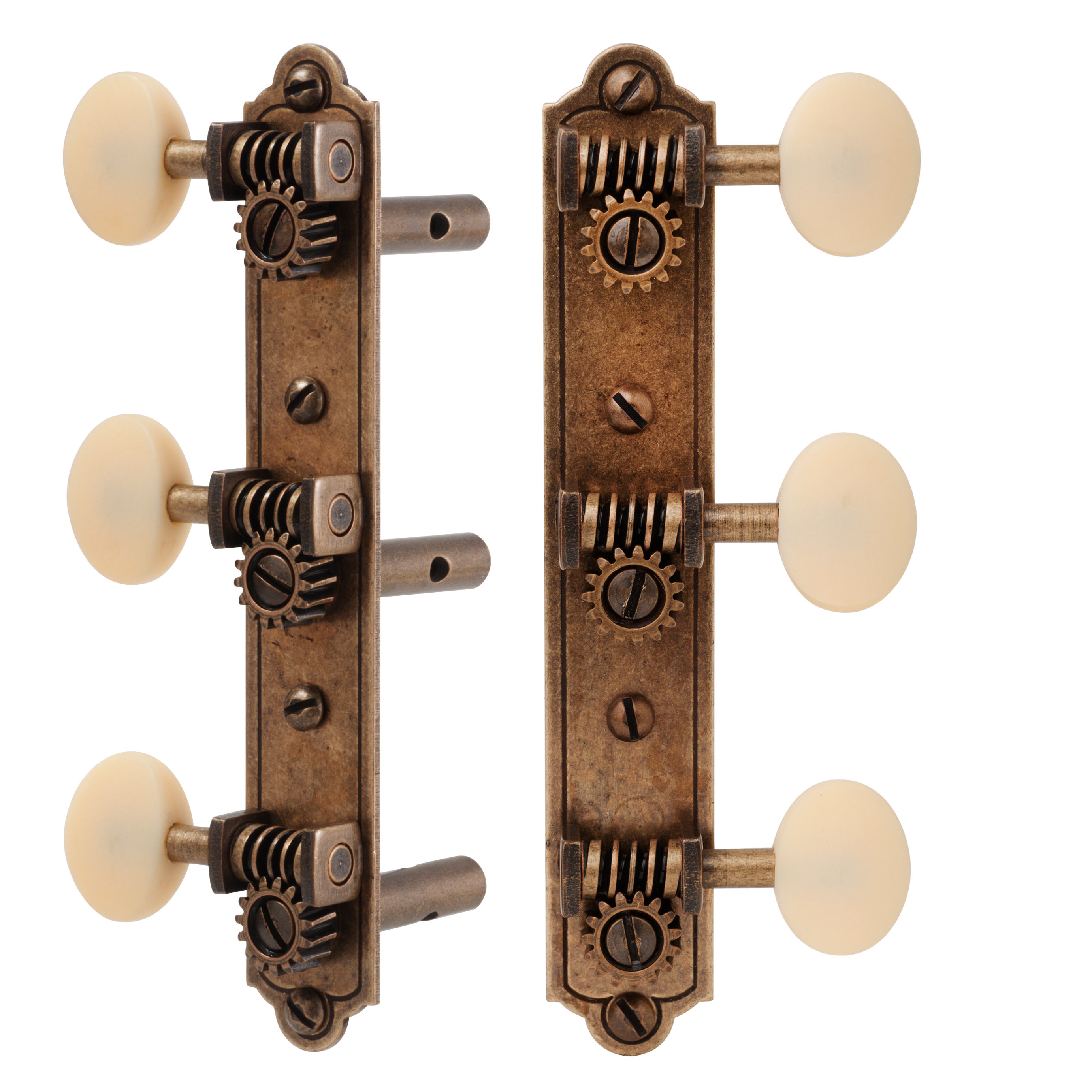 Golden Age Restoration Tuners for Slotted Peghead Guitar - Bell-end, Relic brass