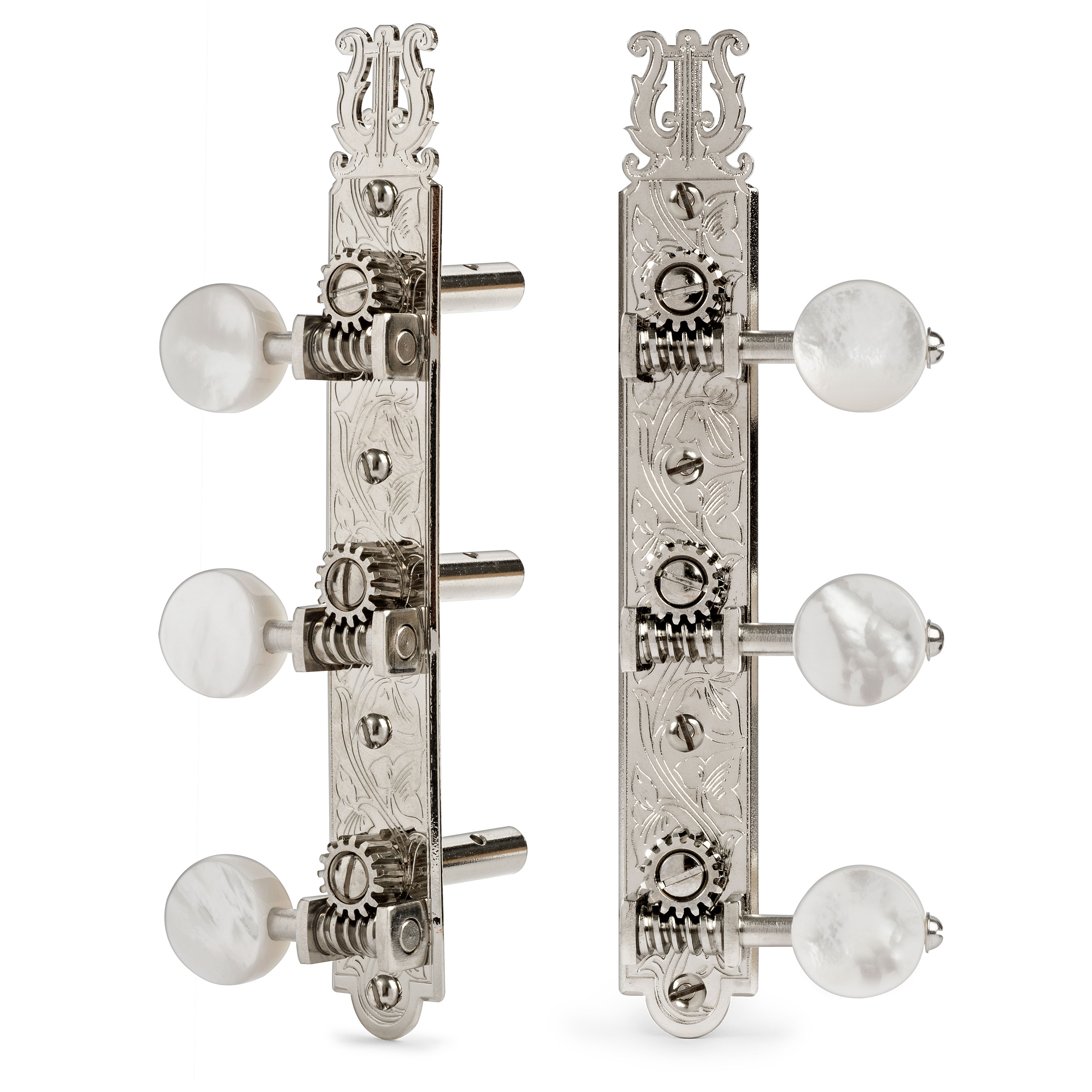 Golden Age 1919 Restoration Guitar Tuners with Mother of Pearl Knobs for Slotted Pegheads, Bright Nickel