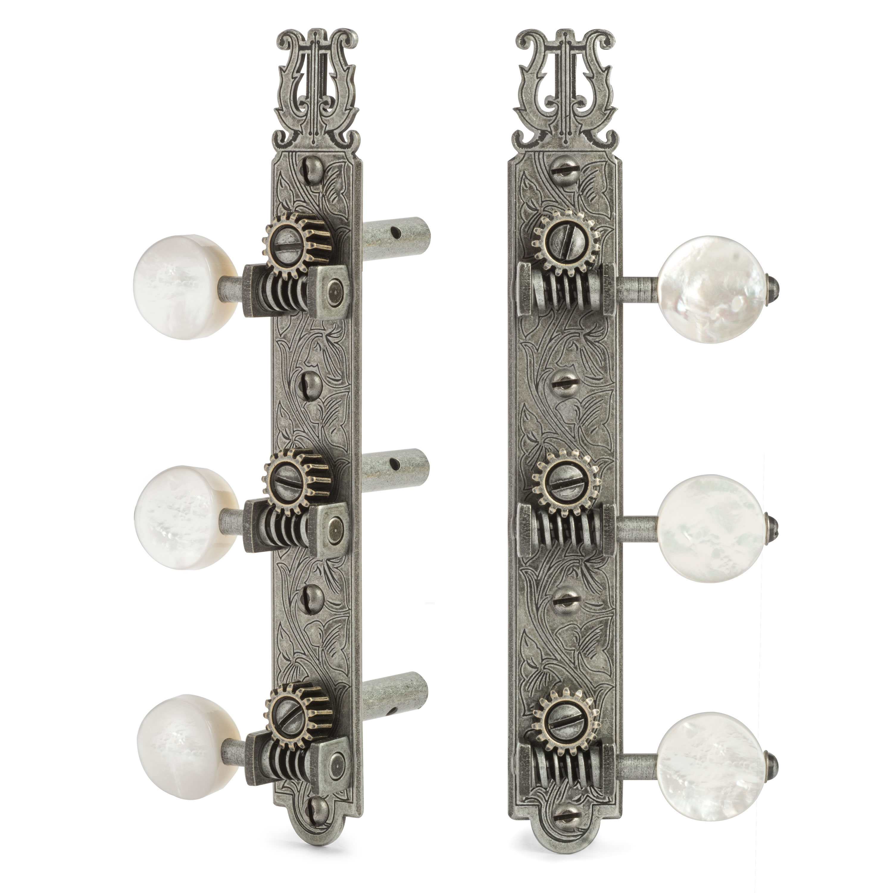 Golden Age 1919 Restoration Guitar Tuners with Mother of Pearl Knobs for Slotted Pegheads, Relic Nickel