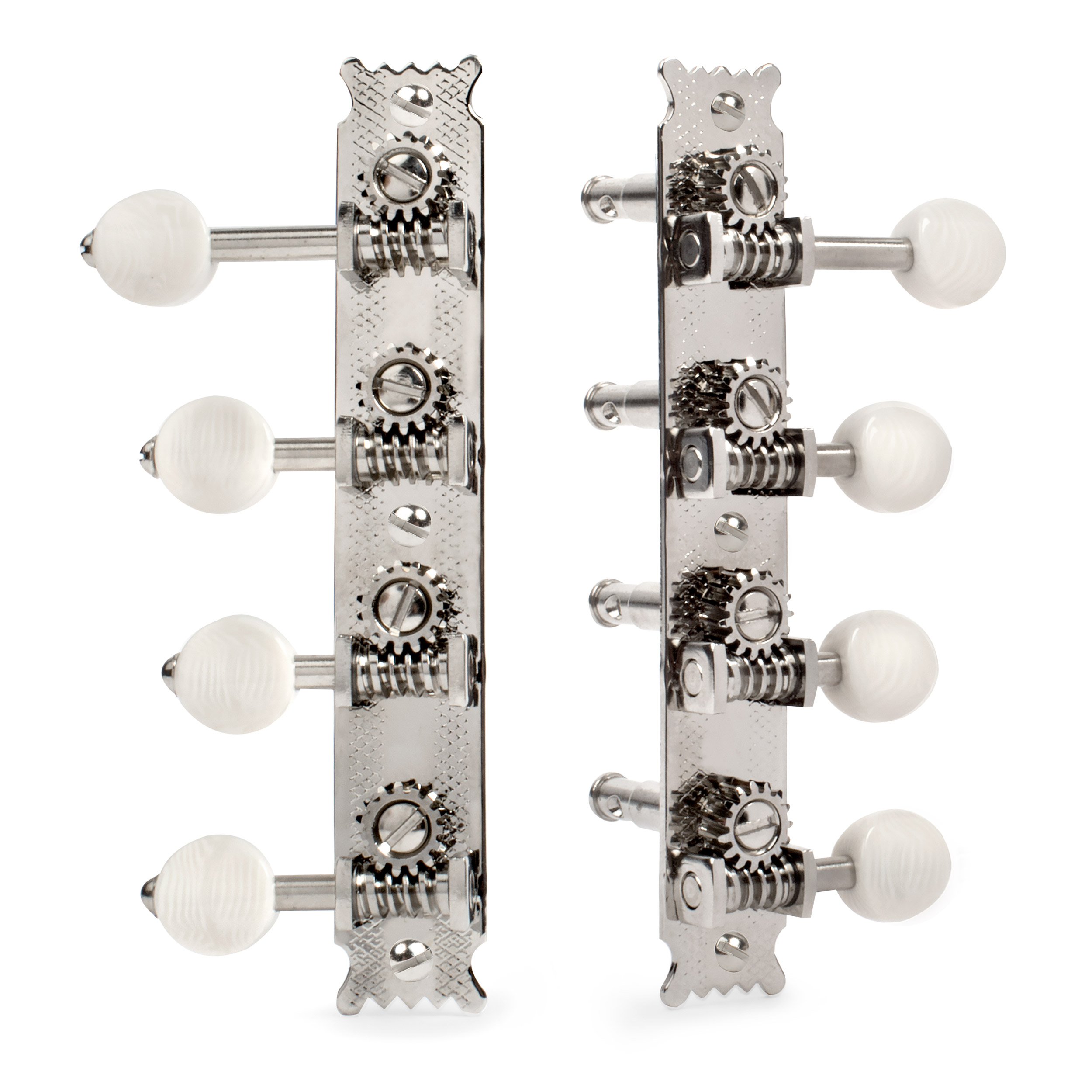 Golden Age Restoration Tuners for Oval Hole F-Style Mandolins, Bright nickel, ivoroid knobs