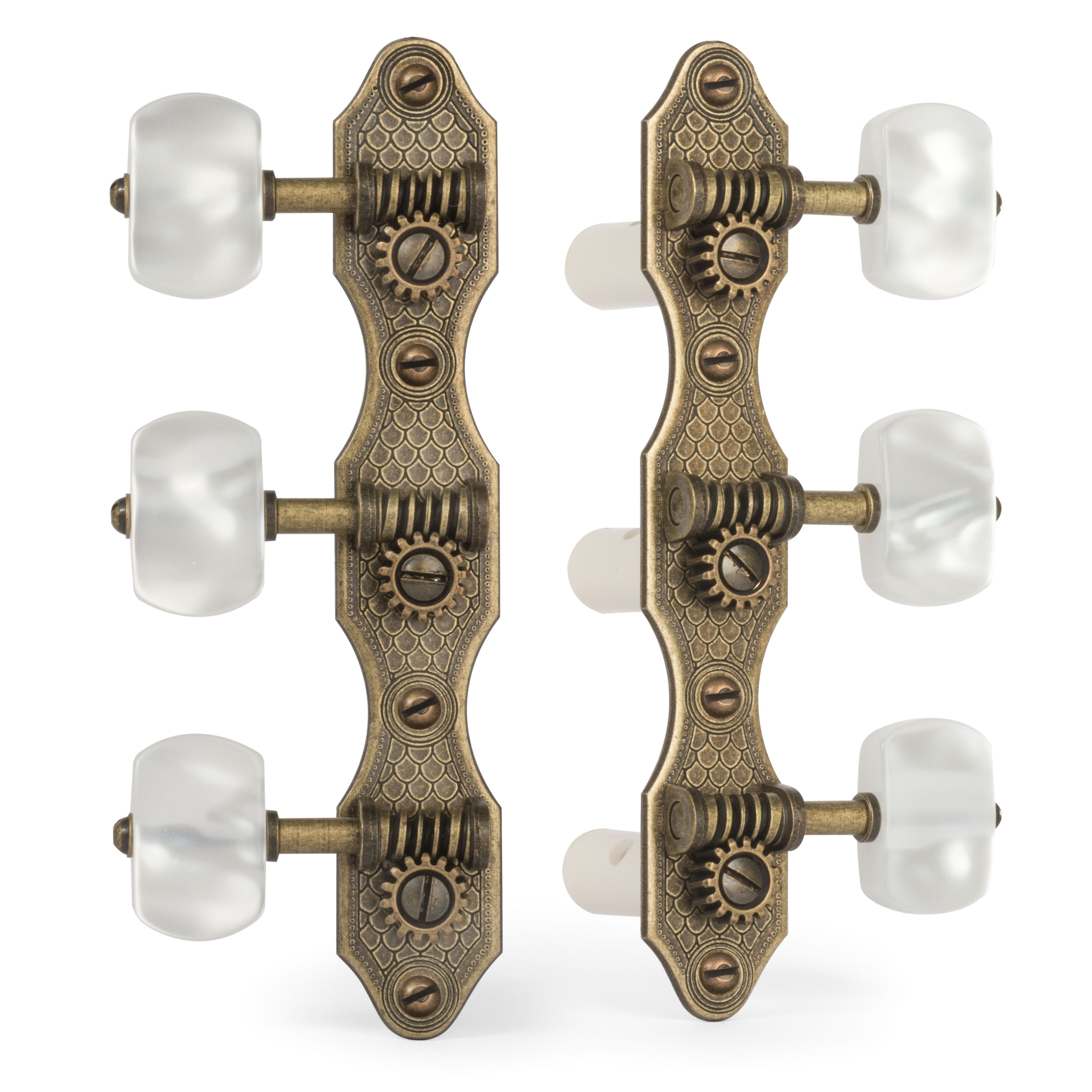 Golden Age Classical Guitar Tuners, Relic brass with pearloid knobs