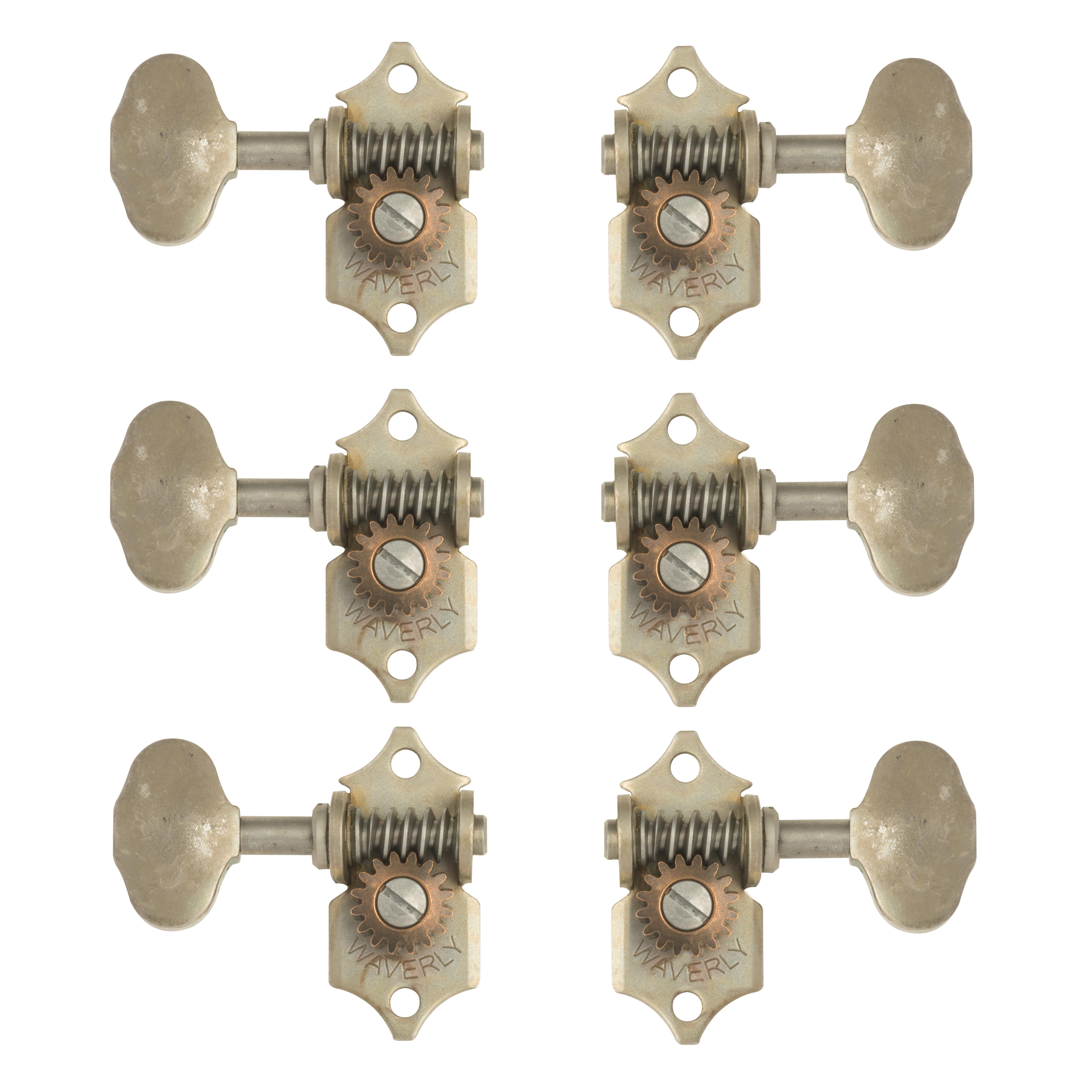 Waverly Guitar Tuners with Butterbean Knobs for Solid Pegheads, Relic nickel, 3L/3R