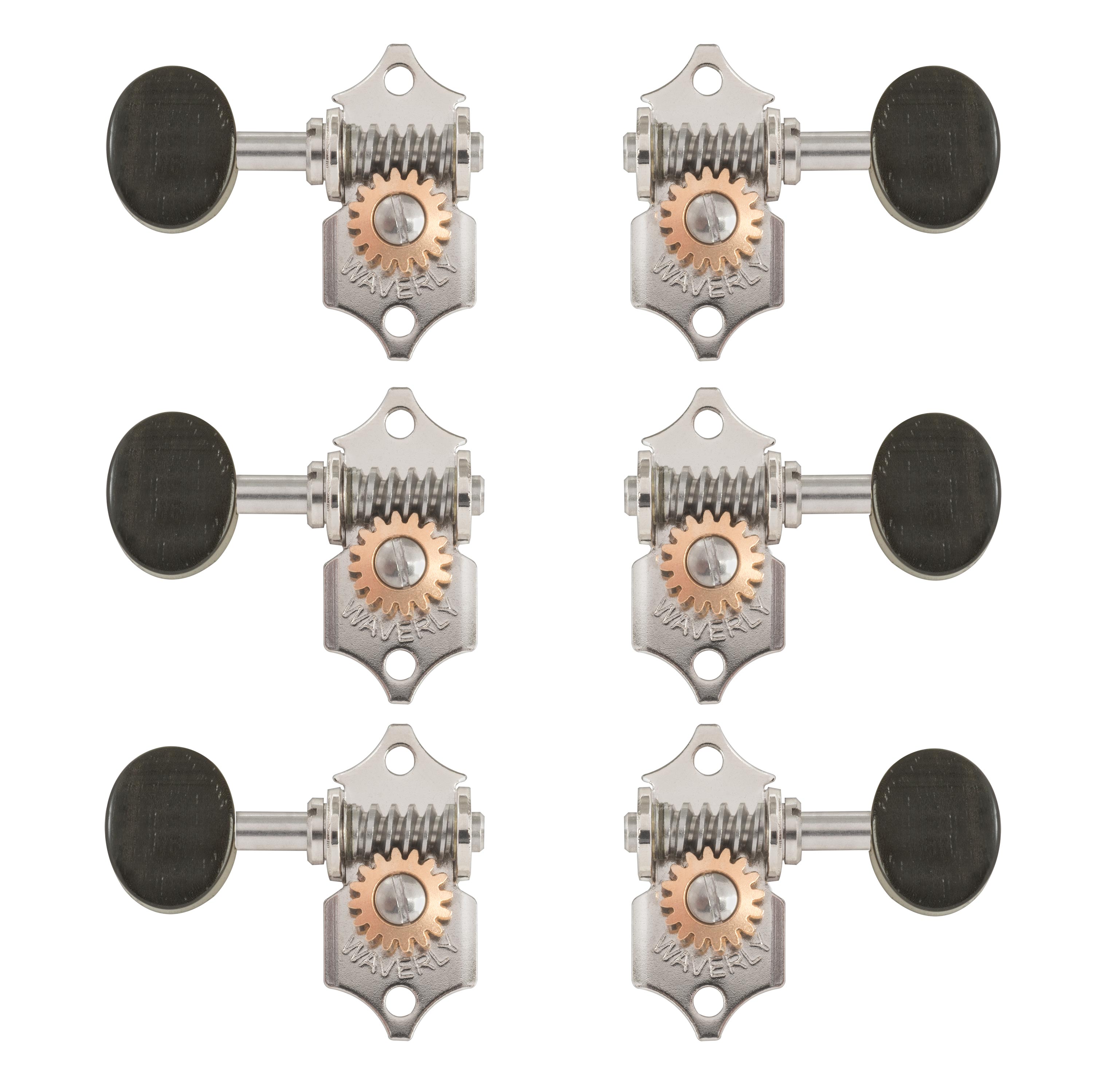 Waverly Guitar Tuners with Ebony Knobs for Solid Pegheads, Nickel, 3L/3R