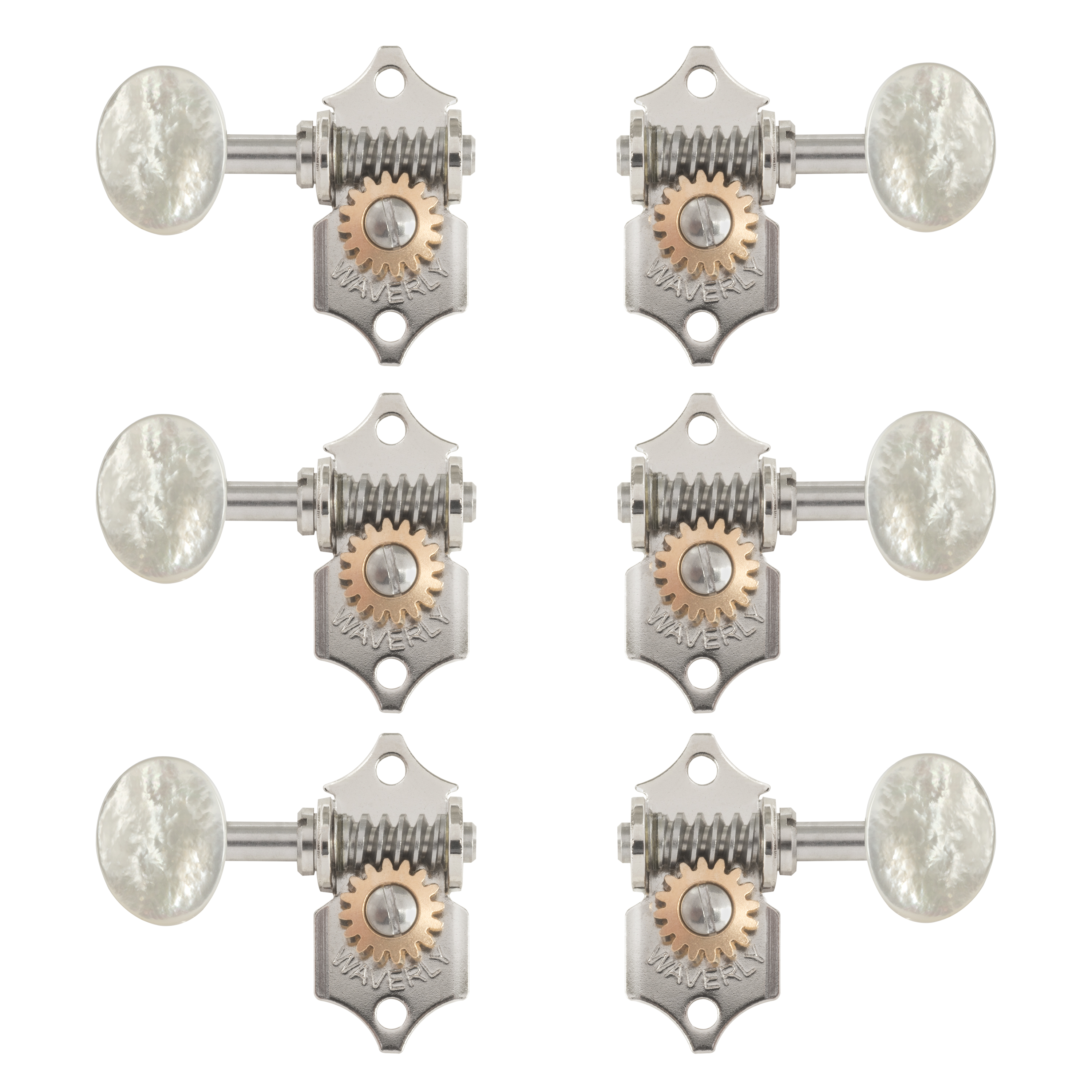 Waverly Guitar Tuners with Pearl Knobs for Solid Pegheads, Nickel, 3L/3R