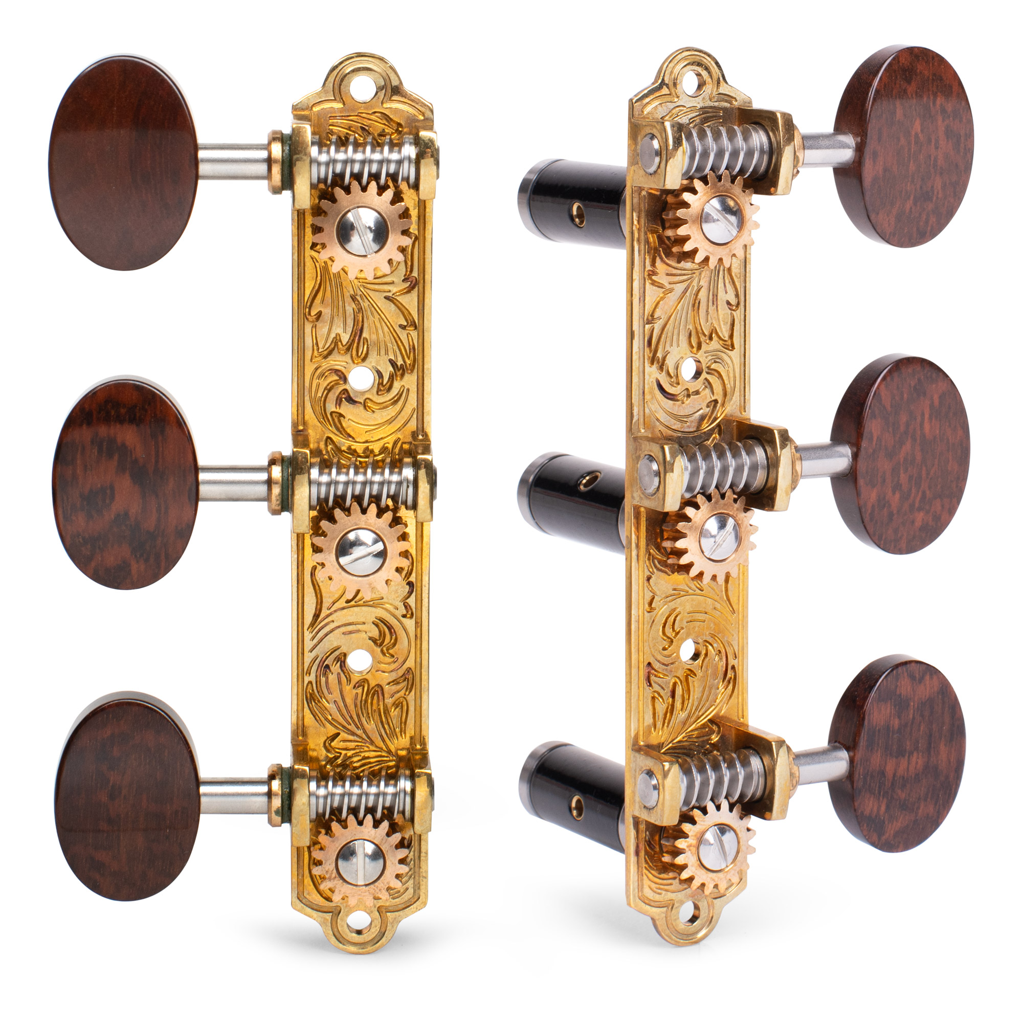 Sloane Classical Guitar Tuners with Snakewood Knobs and Leaf Baseplates, Bright Brass, Black Rollers