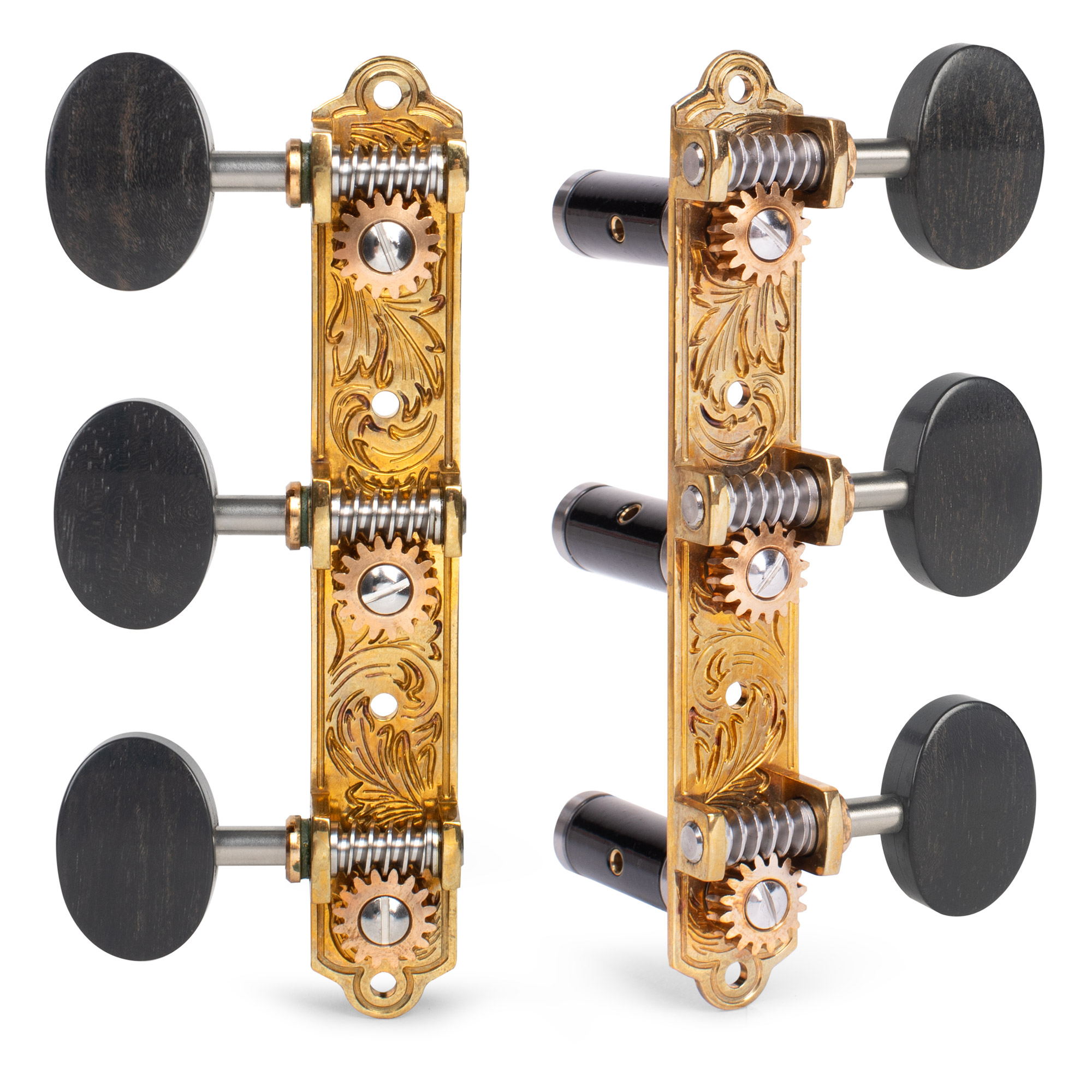 Sloane Classical Guitar Tuners with Ebony Knobs and Leaf Baseplates, Bright Brass, Black Rollers