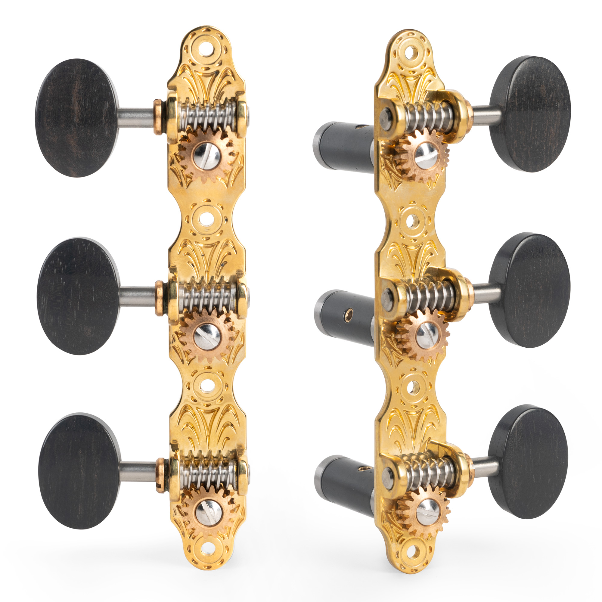 Sloane Classical Guitar Tuners with Ebony Knobs and Deco Baseplates, Bright Brass, Black Rollers