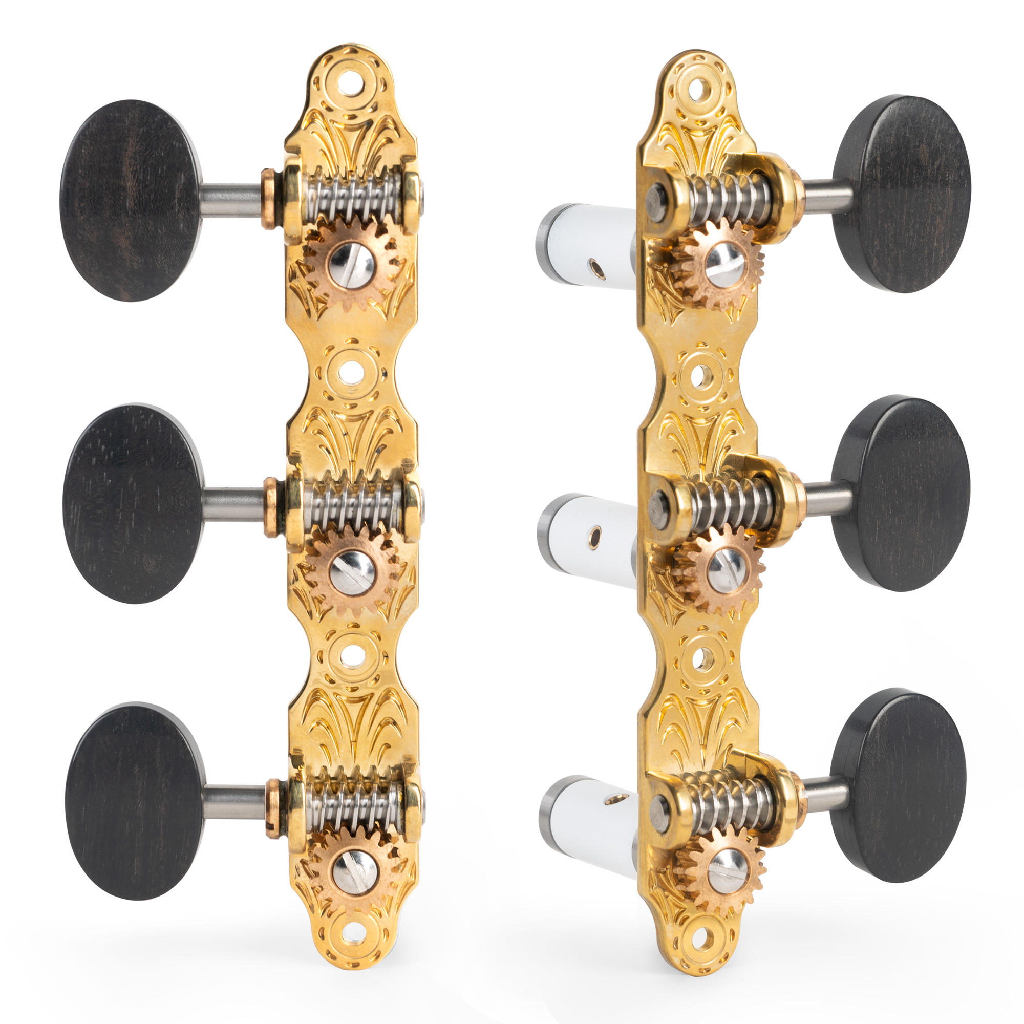 Sloane Classical Guitar Tuners with Ebony Knobs and Deco Baseplates, Bright Brass, White Rollers
