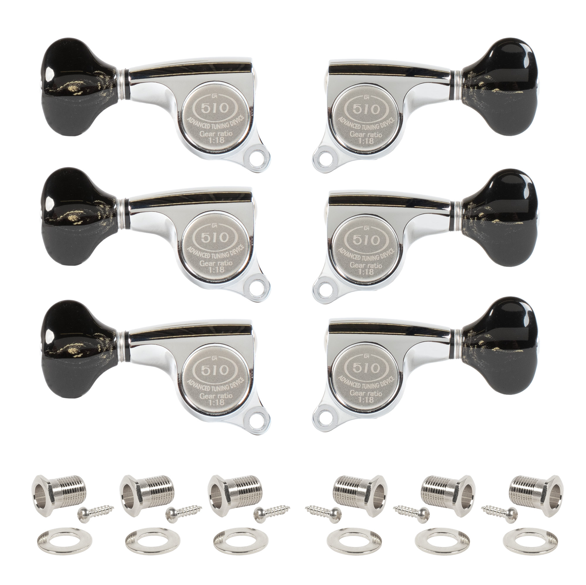 Gotoh Mini 510 3+3 Tuners with Custom Knobs, Chrome