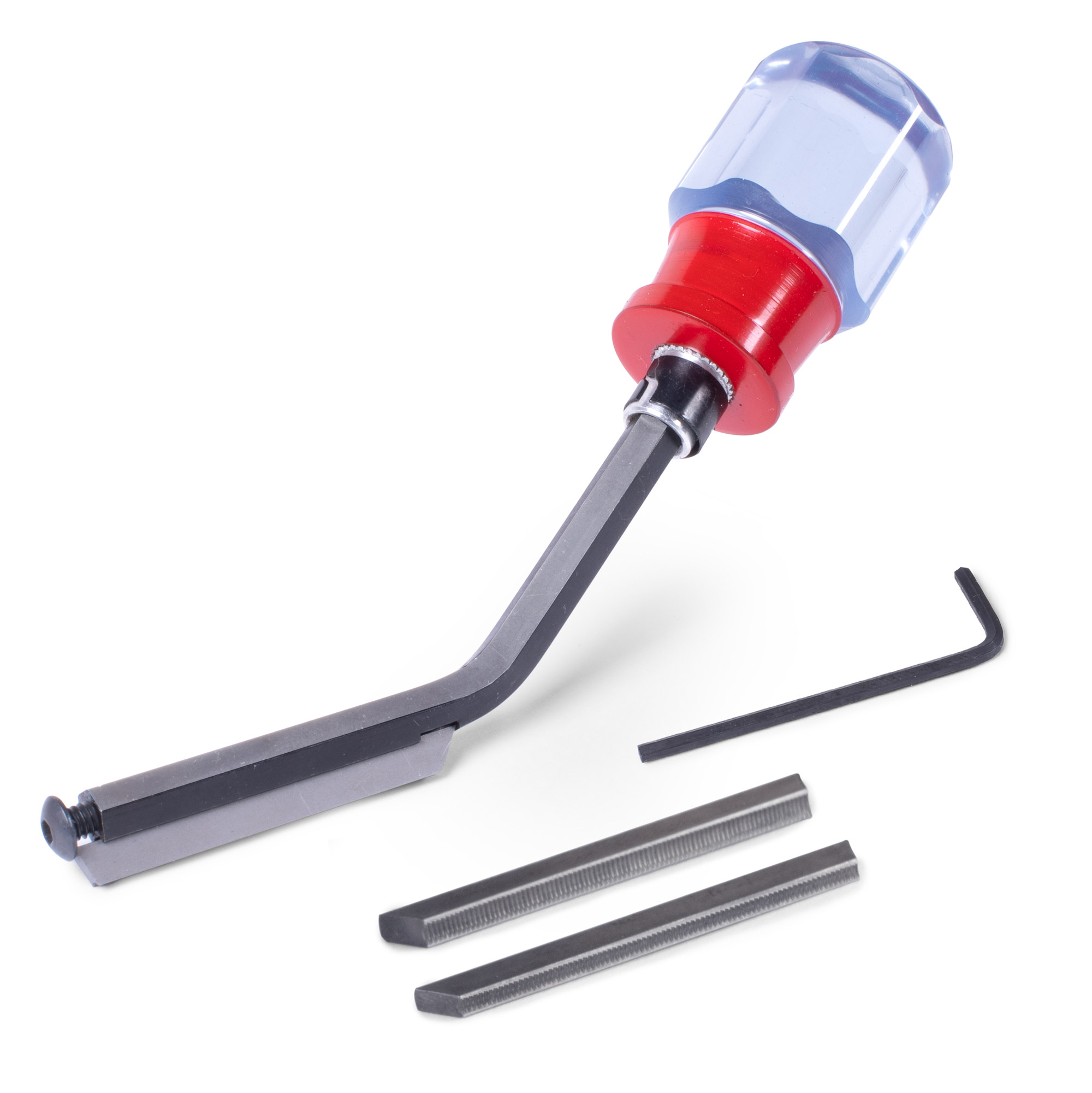 StewMac 3-in-1 Fret File, File handle with 3 burrs