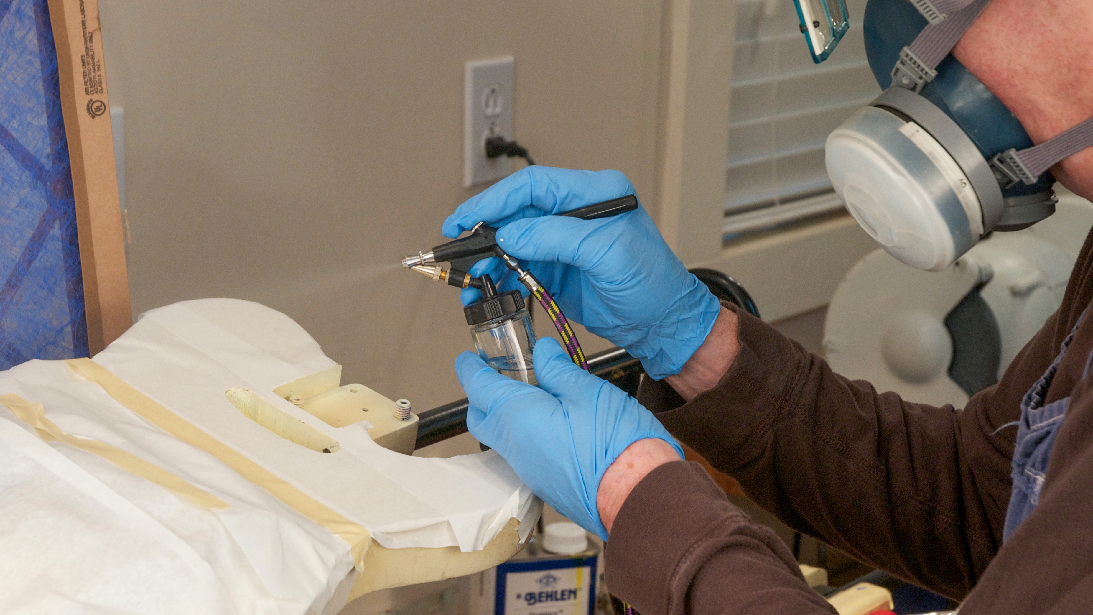 Dan Erlewine's low-tech "spray booth" for a small shop