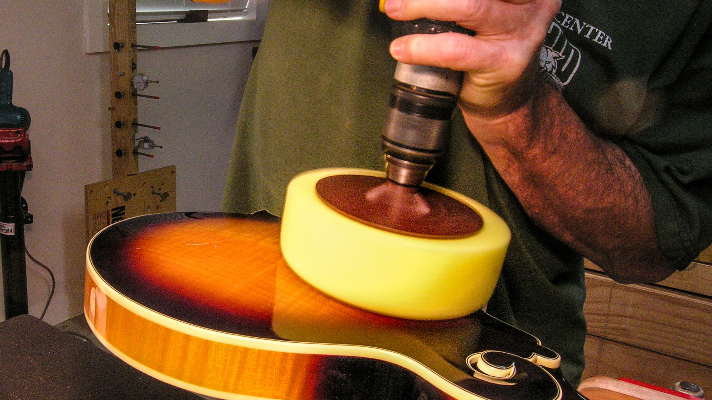 Using a foam buffer in a hand drill on Junior Brown Guit-Steels<sup>&reg;</sup>